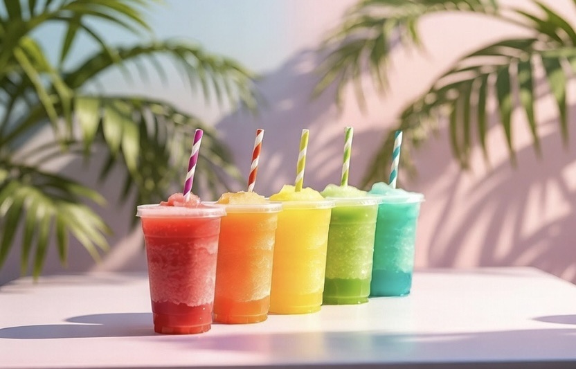 Vibrant colorful spiked slushies and alcoholic frozen drinks in plastic cups with straws - rainbow lineup of adult slushies for summer brands